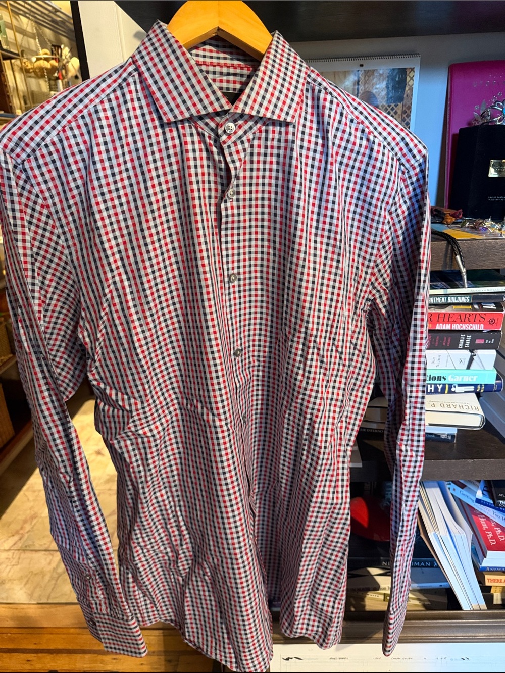 Boss Men's Red, Blue & Grey Checked Button-Down Shirt 16 Neck Slim Cut